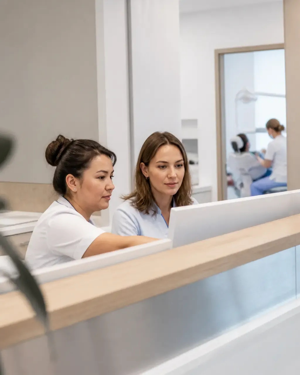 Clinic administrators check the appointment schedule on the screen at the front desk