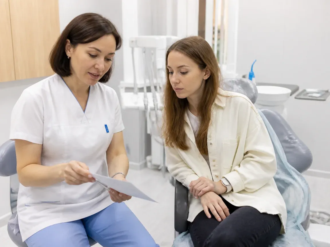 Қабылдаудың аяқталуы: дәрігер пациенттің қасында күтім бойынша ұсыныстарды талқылап жатыр — «Процедурадан кейінгі қалпына келу» бөліміне арналған сурет