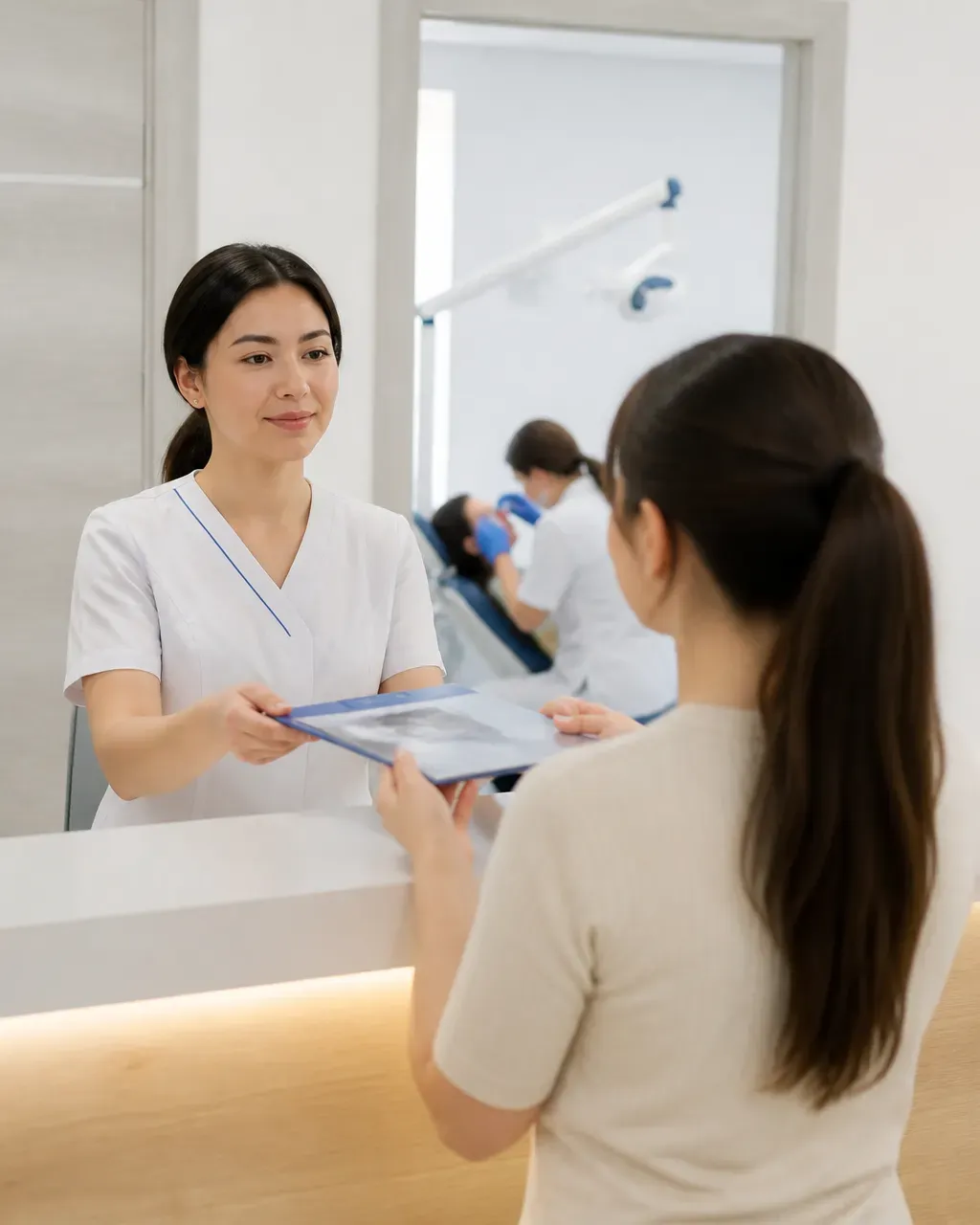 The clinic administrator gives the patient a treatment plan at the front desk