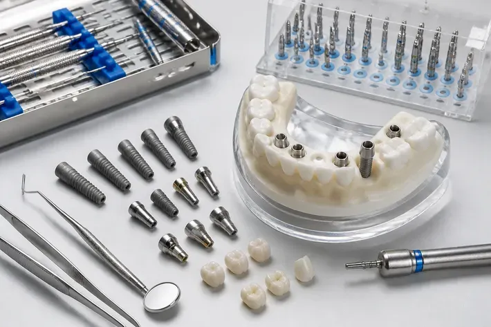 Tools and materials for this type of treatment, laid out on a light surface — an illustration for the "Implant Systems" section