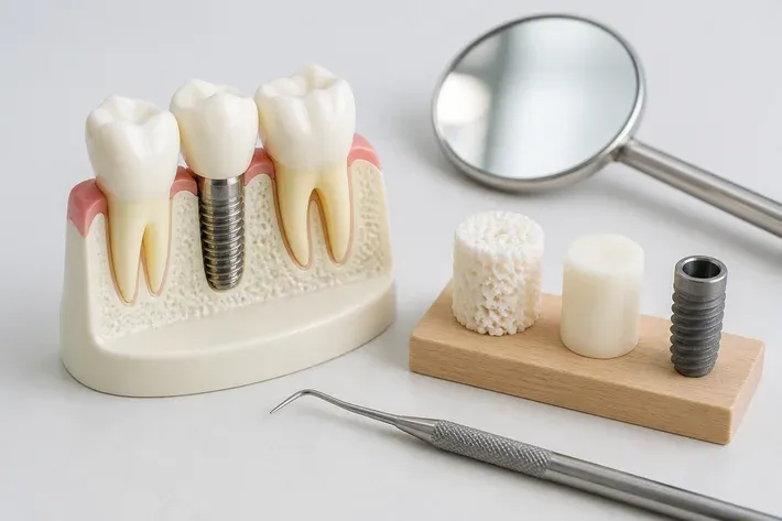 A jaw model and material samples on the dentist's table next to a mirror and probe — an illustration for the section "Implants with active thread"