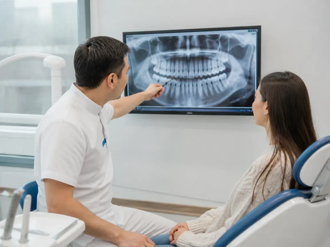 Consultation: doctor and patient at a screen with an X-ray — illustration for the "Diagnostics and Treatment Planning" section