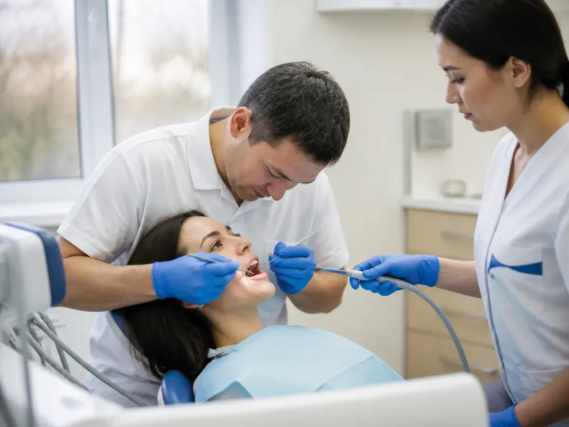 Follow-up visit: the dentist checks the result with a mirror while the assistant holds the saliva ejector — illustration for the section "Crown placement"