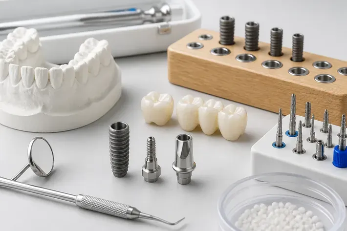 The instruments and materials used in this type of treatment, laid out on a light-colored surface — an illustration for the section "What implant placement involves"