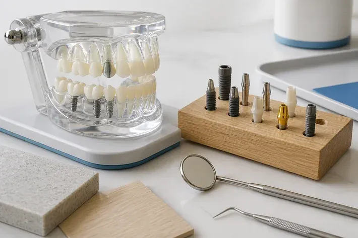 A jaw model and material samples on the dentist's table next to a mirror and probe — an illustration for the section "How to choose an implant"