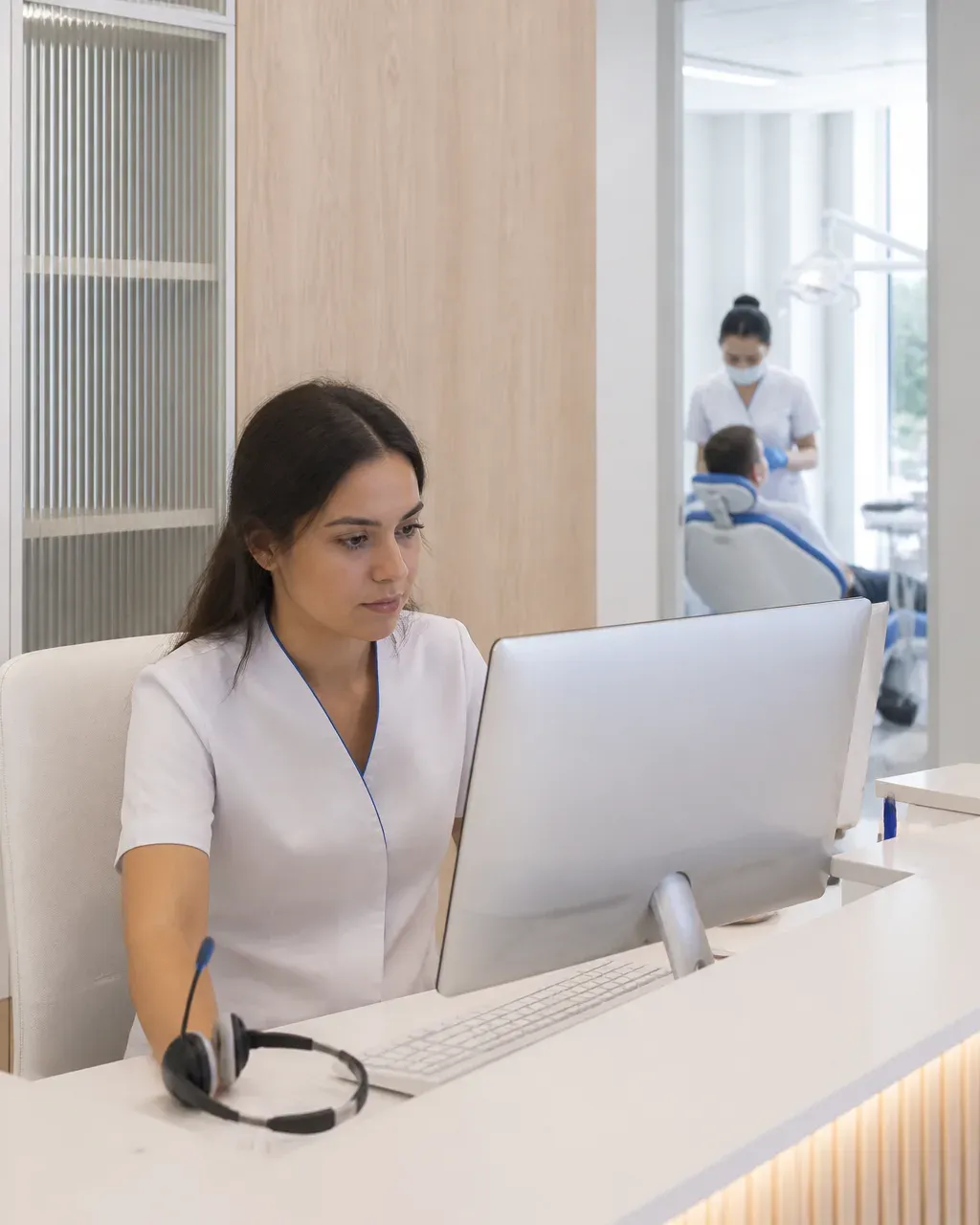 The clinic administrator answers patient messages at the front desk