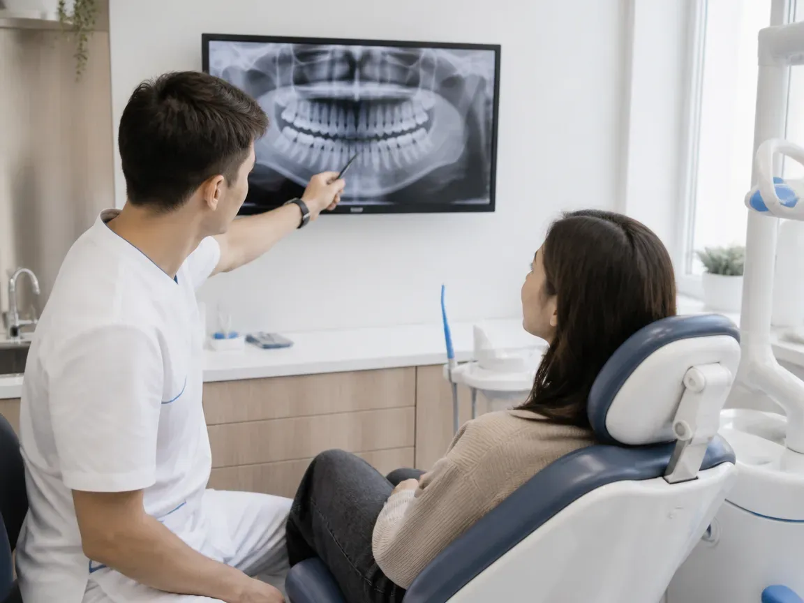 Consultation: doctor and patient at a screen with an X-ray — illustration for the "First Visit" section