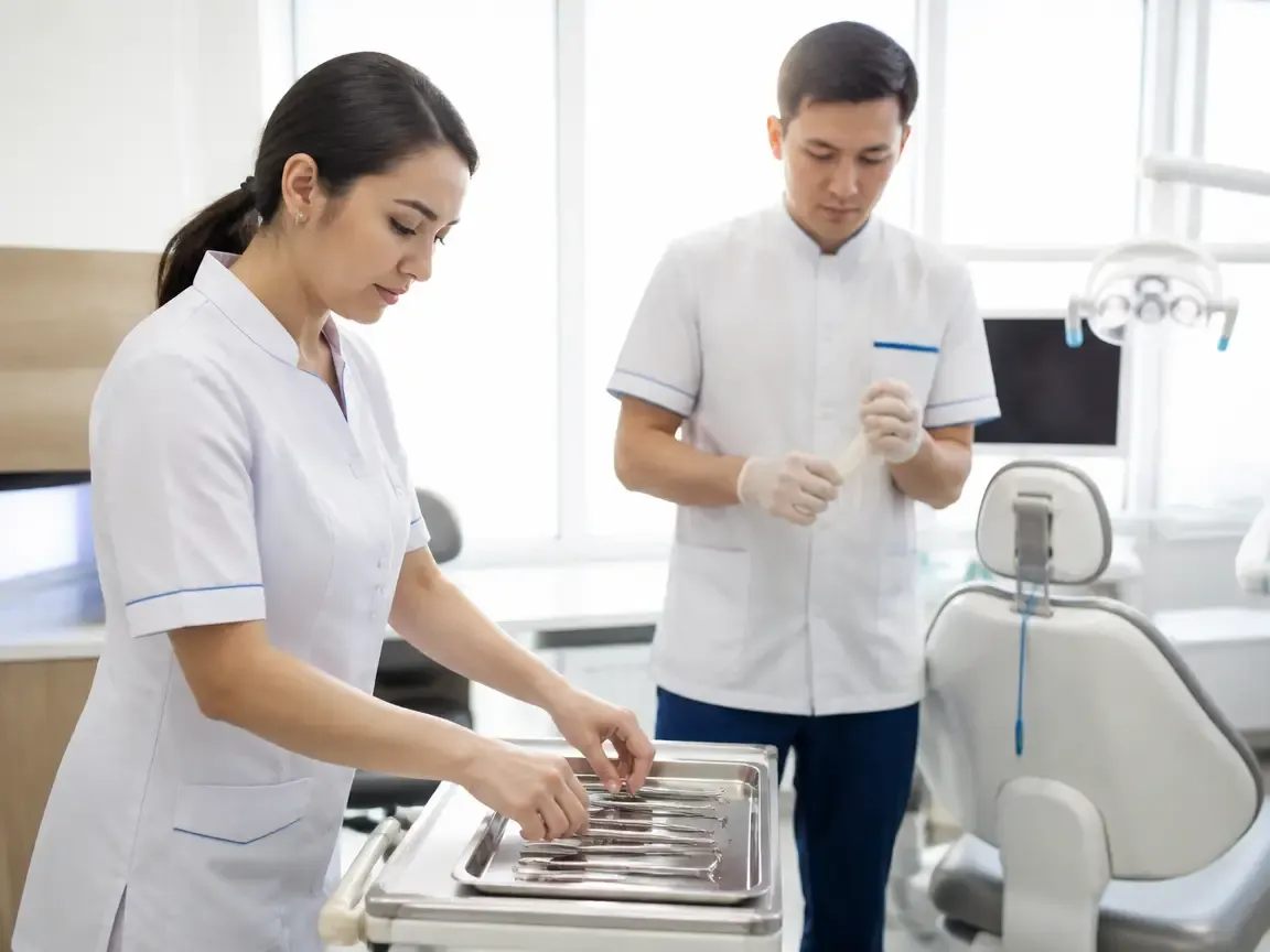Preparation: the assistant lays out sterile instruments, the dentist puts on gloves — illustration for the "Diagnostics" section