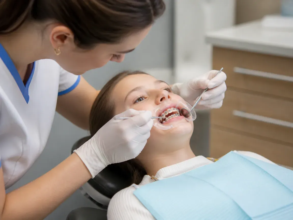 The treatment stage itself: the doctor's gloved hands working in the oral cavity — an illustration for the section "Appliance placement"
