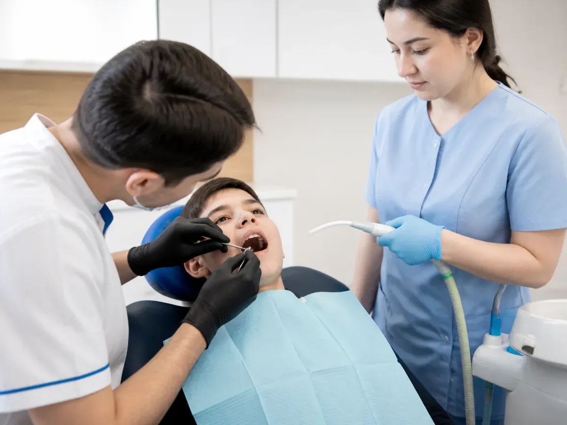 Follow-up visit: the dentist checks the result with a mirror while the assistant holds the saliva ejector — illustration for the "Follow-up Visits" section