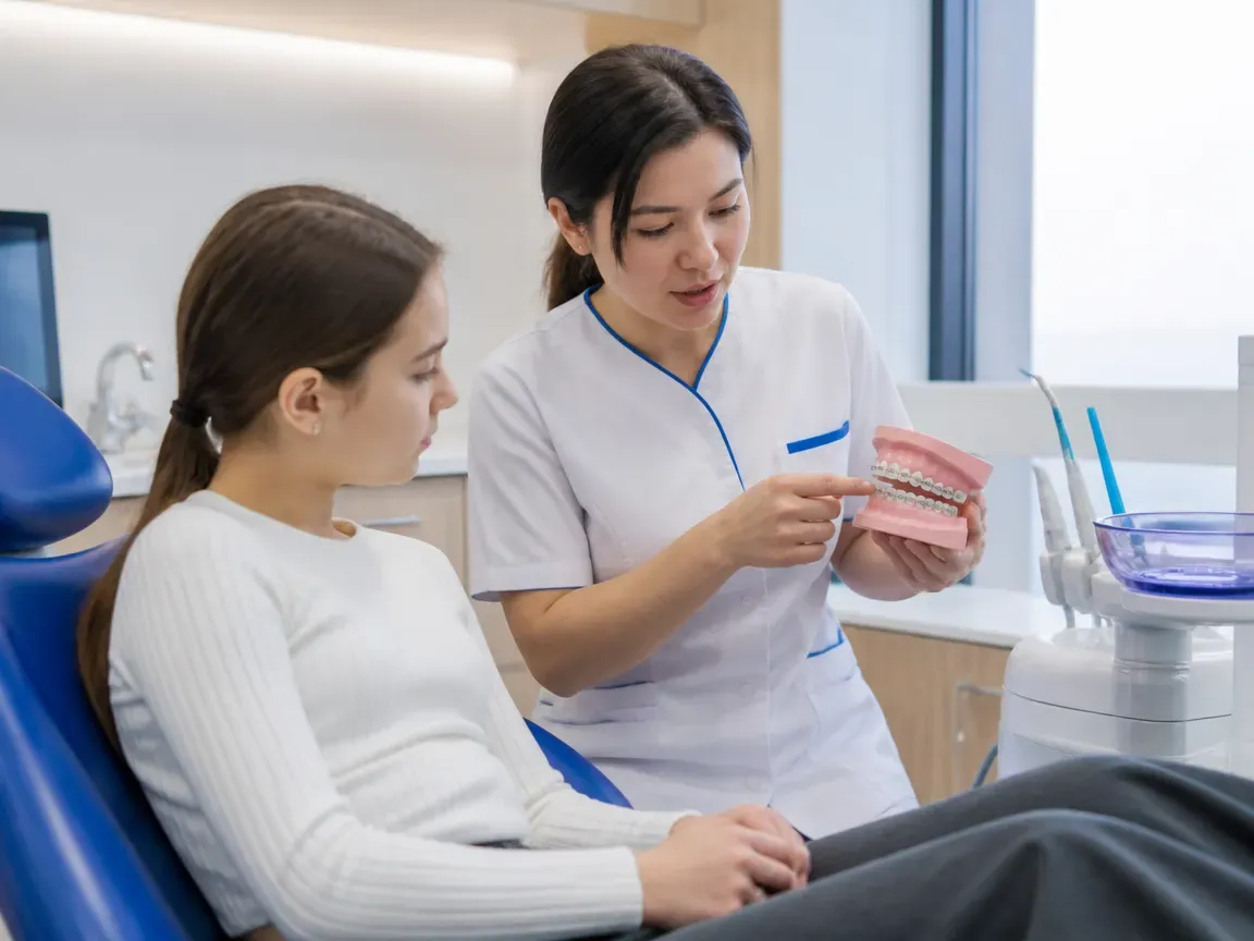 End of appointment: the doctor sits with the patient to go over aftercare instructions — illustration for the section “How long does treatment take”