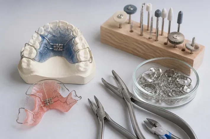 Instruments and materials for this type of treatment, laid out on a light surface — an illustration for the "Removable plates" section