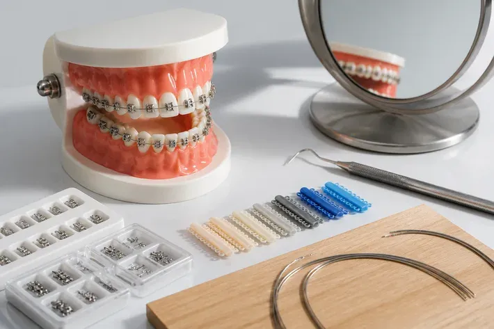 Dental model and material samples on the dentist's table next to a mirror and probe — illustration for the "Braces" section
