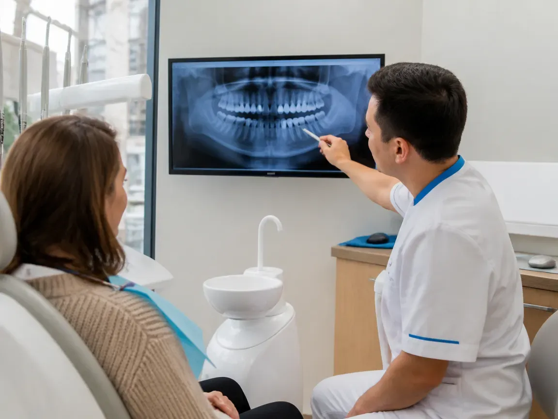 Consultation: dentist and patient at a screen with an X-ray — illustration for the section "Diagnostics and treatment plan"