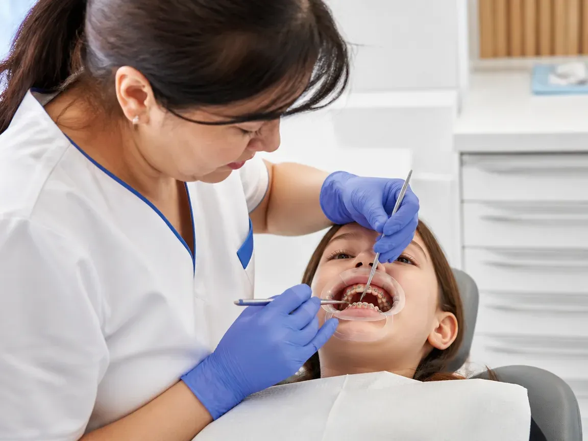 The treatment stage itself: the doctor's gloved hands working in the oral cavity — an illustration for the "Periodic adjustments" section