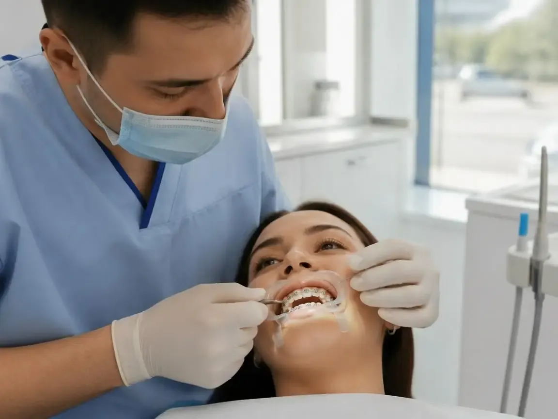 The orthodontist places braces on the patient