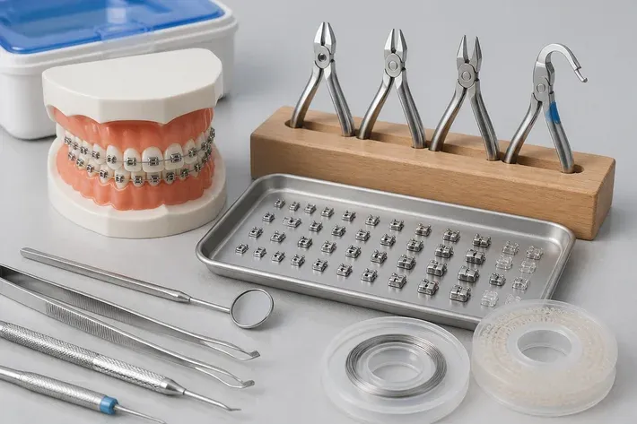 Tools and materials for this type of treatment, laid out on a light surface — an illustration for the "Braces" section