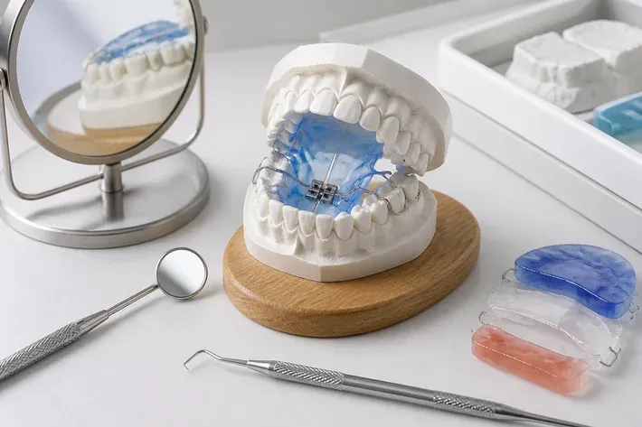 A jaw model and material samples on the dentist's table next to a mirror and probe — an illustration for the Orthodontic Plates section