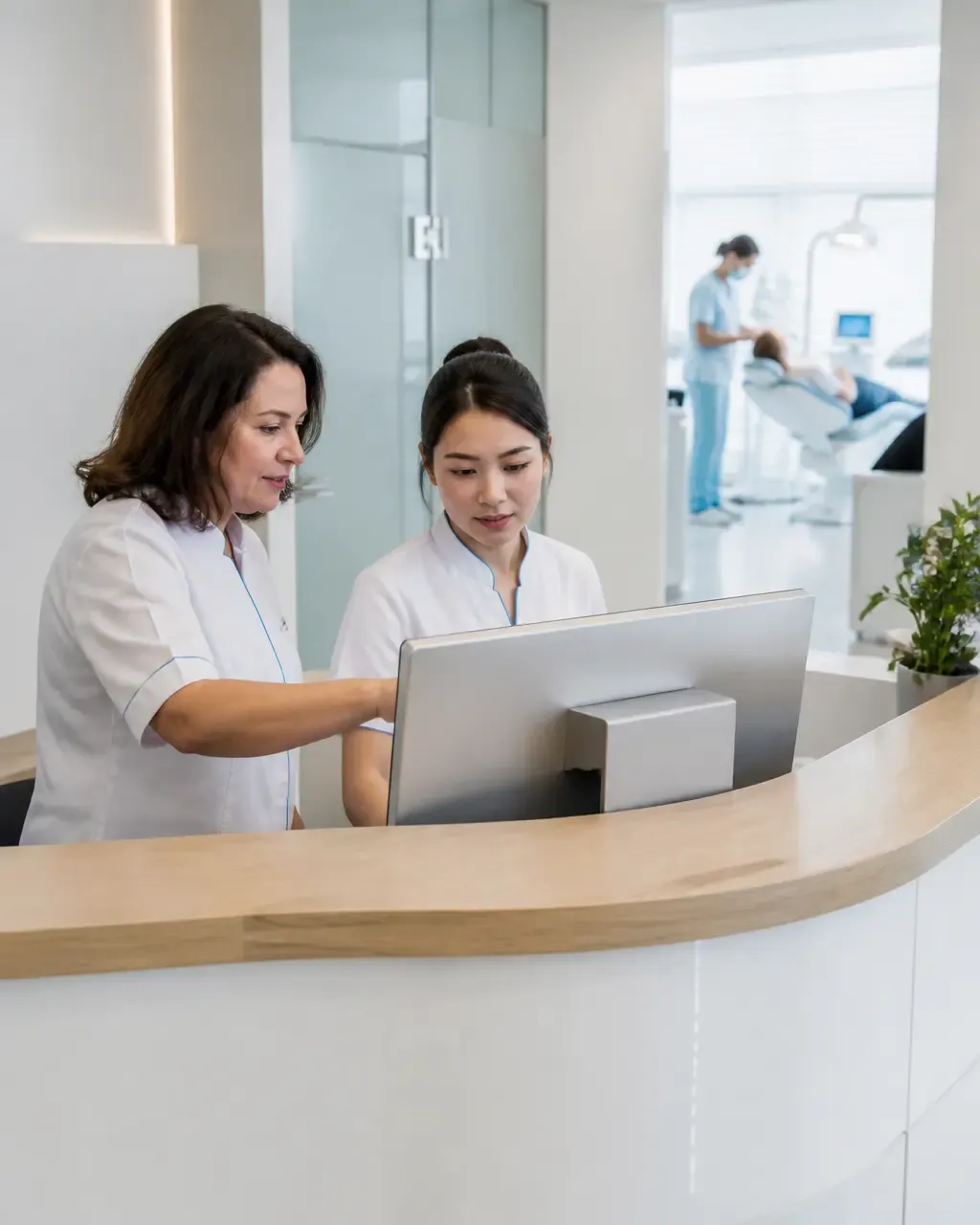 Clinic administrators check the appointment schedule on the screen at the front desk