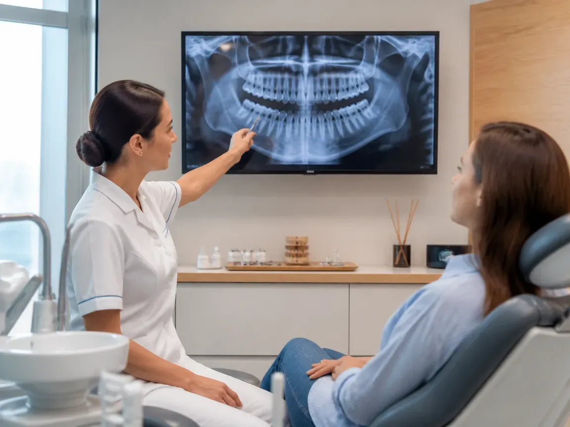 Consultation: doctor and patient at a screen with an X-ray — illustration for the "Diagnostics and Treatment Planning" section