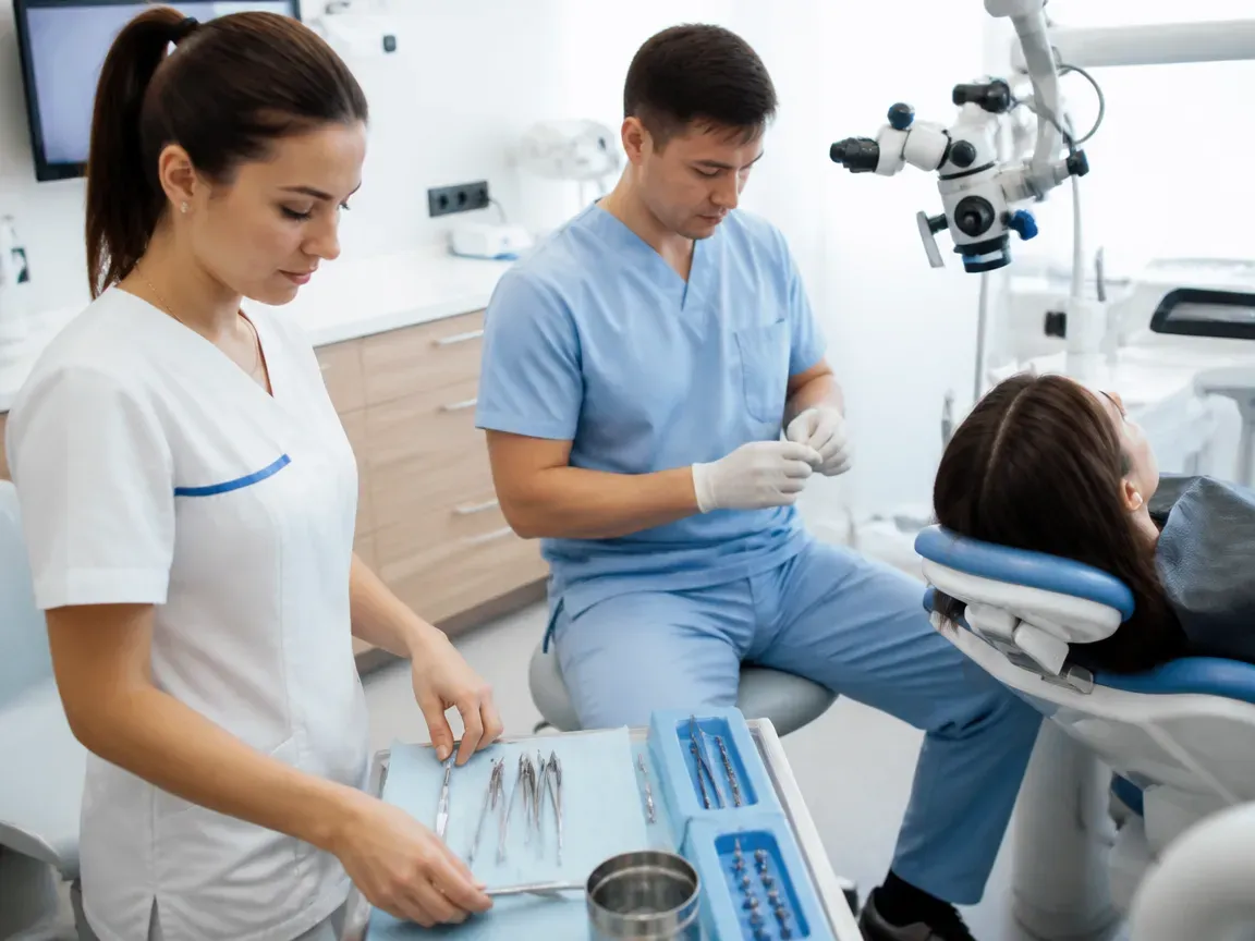 Preparation: the assistant lays out sterile instruments, the dentist puts on gloves — illustration for the "Surgical Stage" section