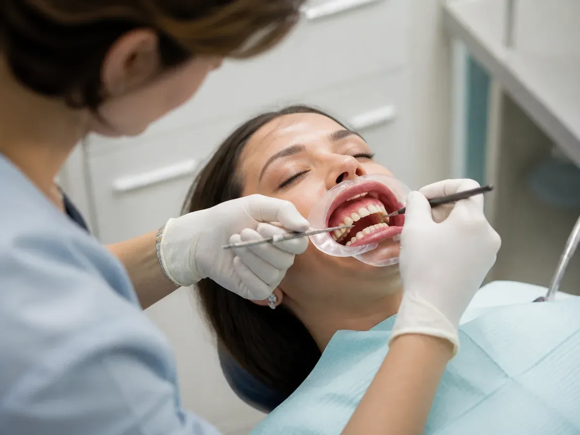 The treatment stage itself: the doctor's gloved hands working inside the oral cavity — an illustration for the "Healing period" section