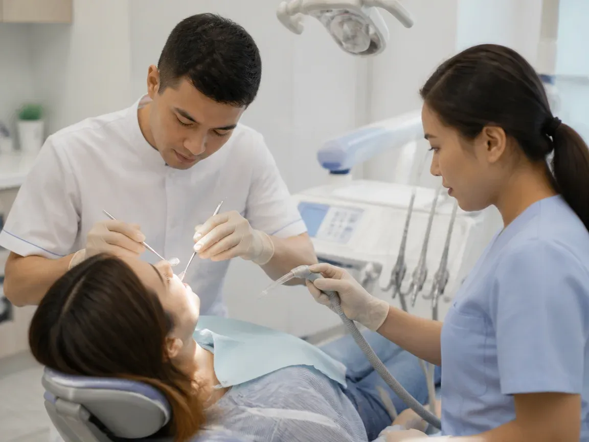 Follow-up visit: the doctor checks the result with a mirror, the assistant holds the saliva ejector — illustration for the section “Abutment and crown placement”