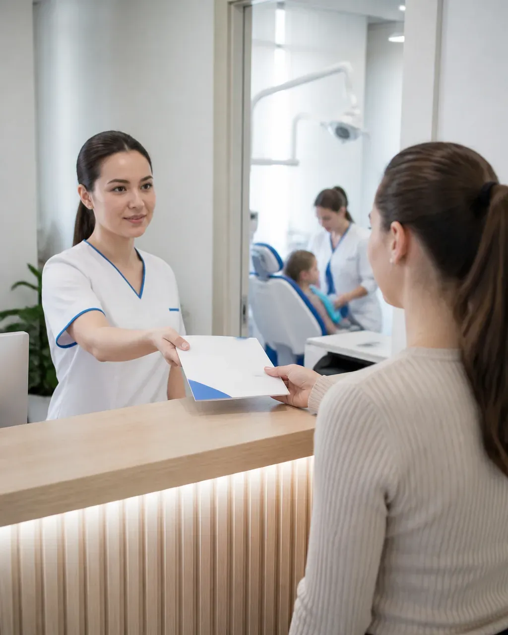 The clinic administrator gives the patient a treatment plan at the front desk