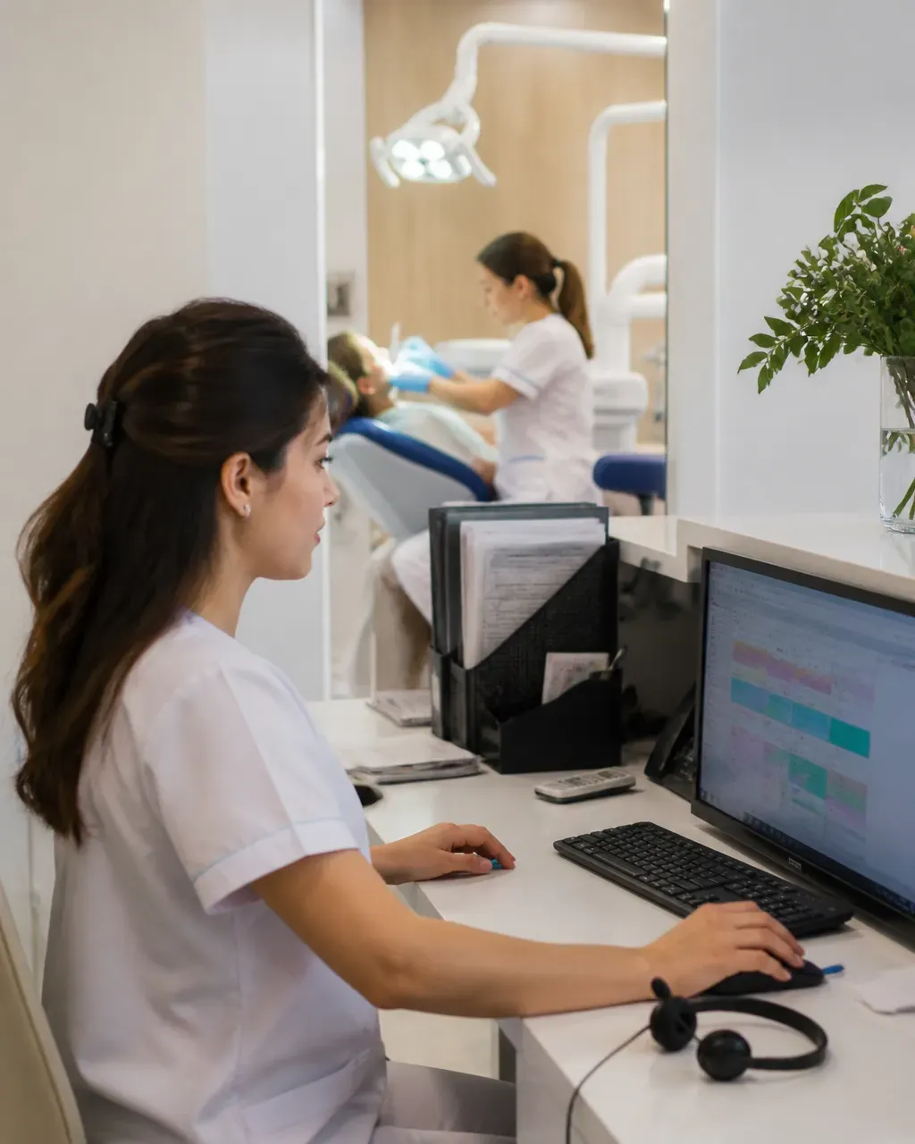 The clinic administrator answers patient messages at the front desk