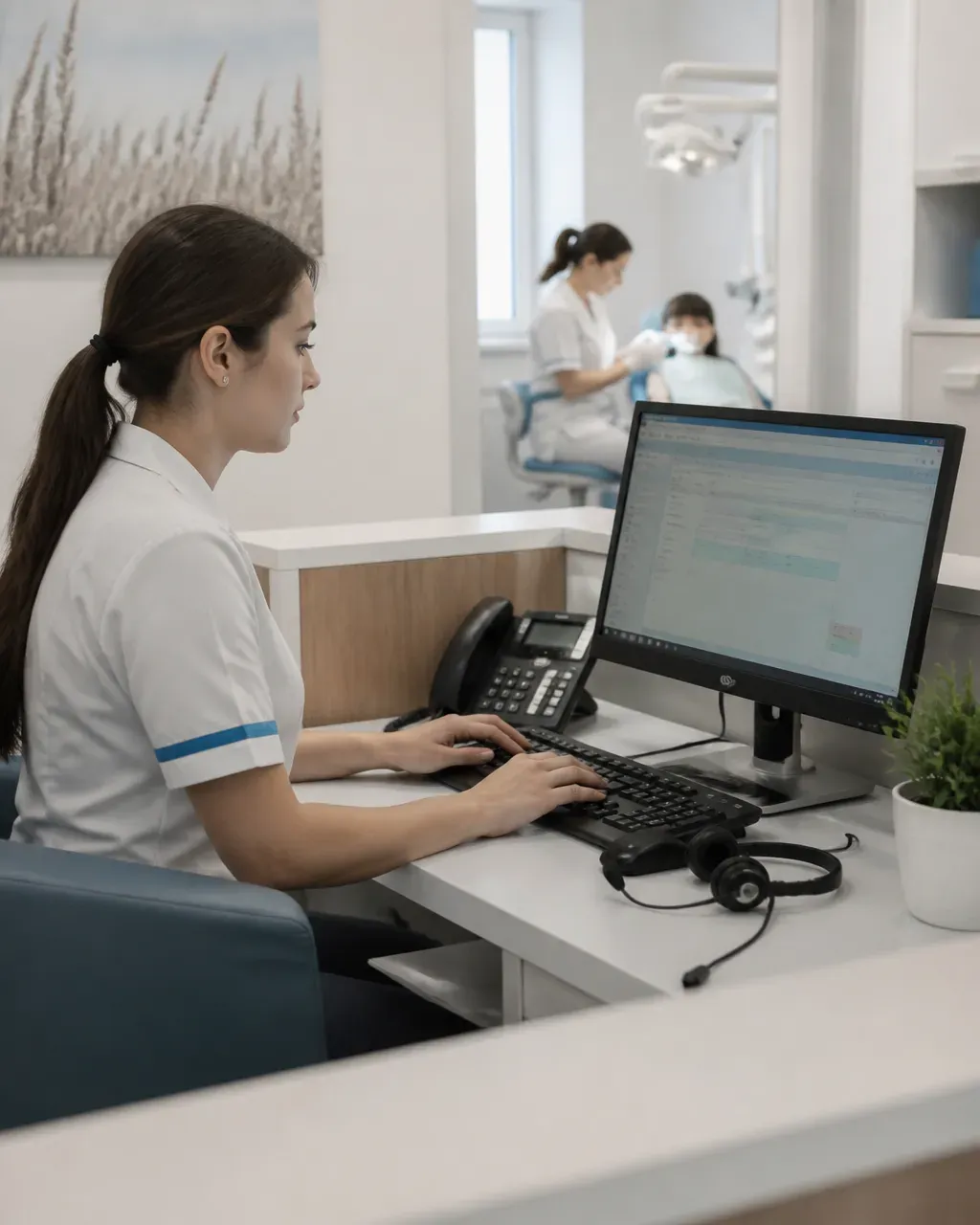 The clinic administrator answers patient messages at the front desk