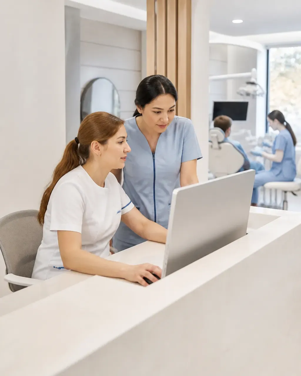 Clinic administrators check the appointment schedule on the screen at the front desk