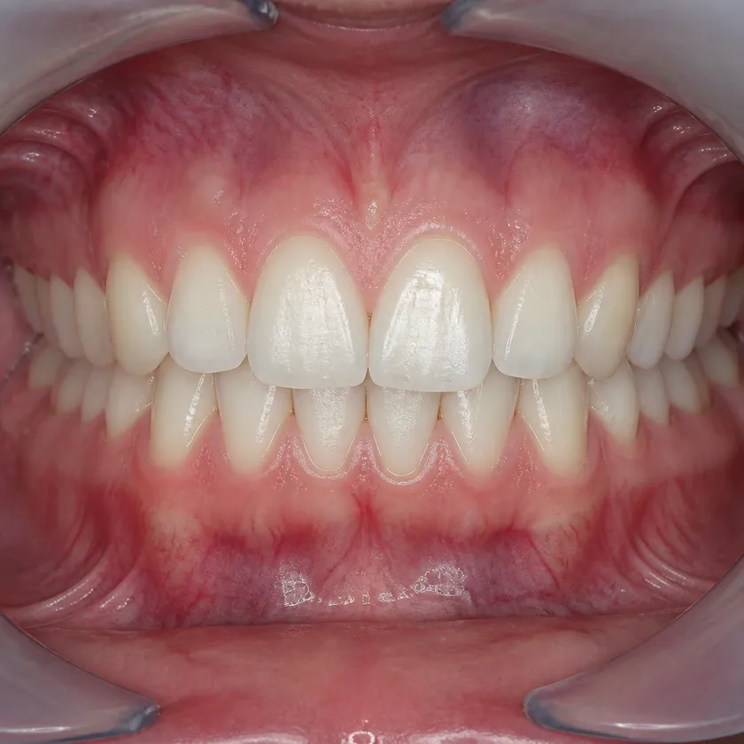 aligners for teeth straightening Astana — close-up result after treatment on a clinical image