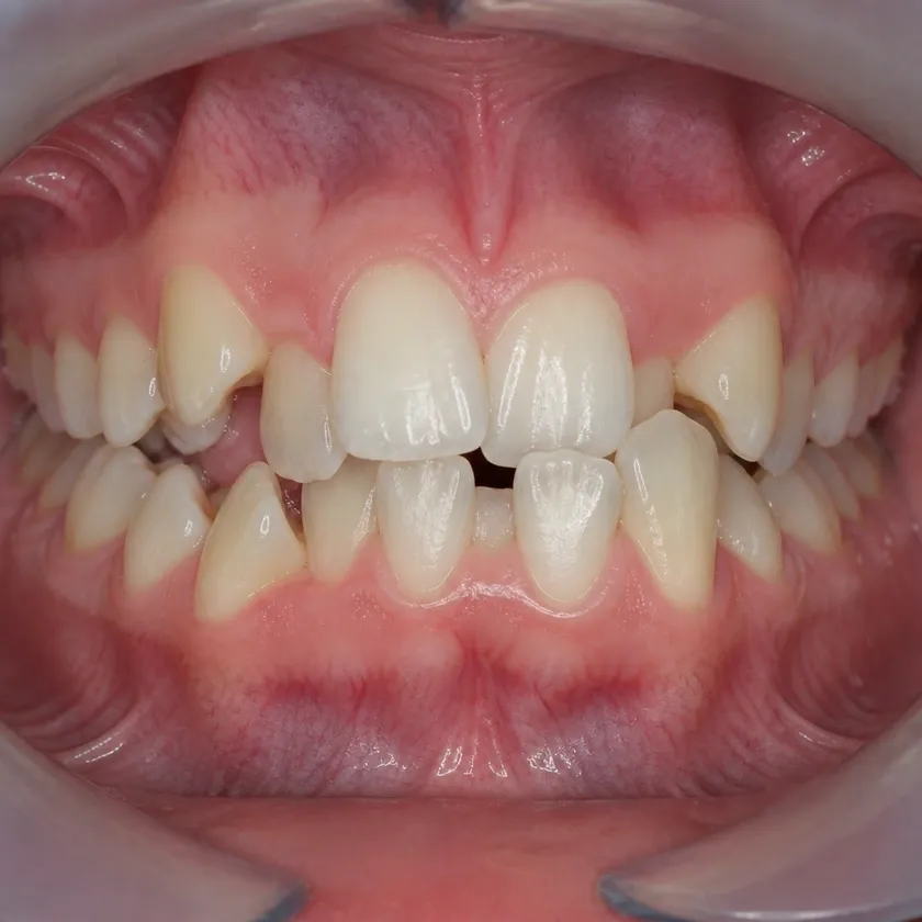 Dental aligners — before-treatment condition in a clinical photograph