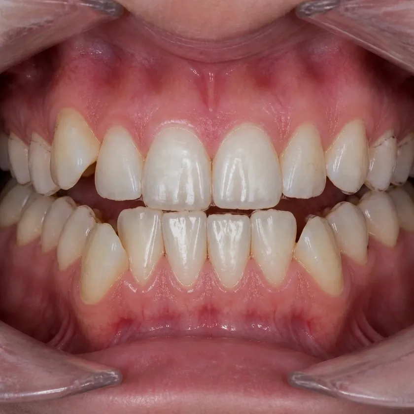 Dental aligners — before-treatment condition in a clinical photograph
