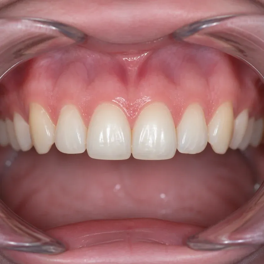 Dental alignment trays — close-up of post-treatment result in a clinical photograph