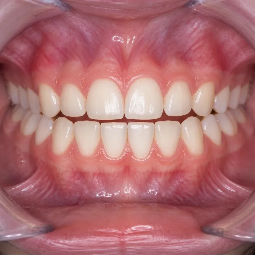 Aligners for straightening children's teeth — close-up clinical image showing the result after treatment