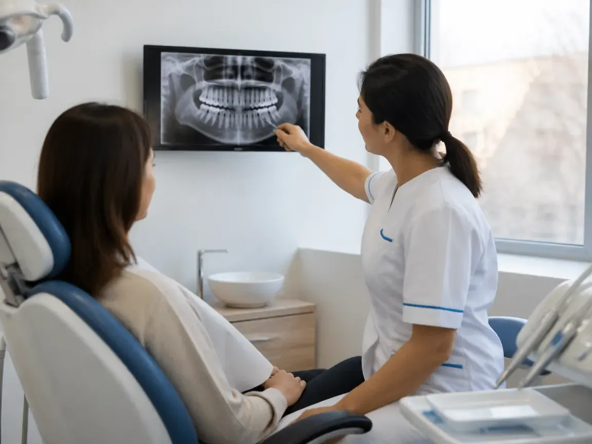 Consultation: doctor and patient at a screen with an X-ray — illustration for the "First Visit" section