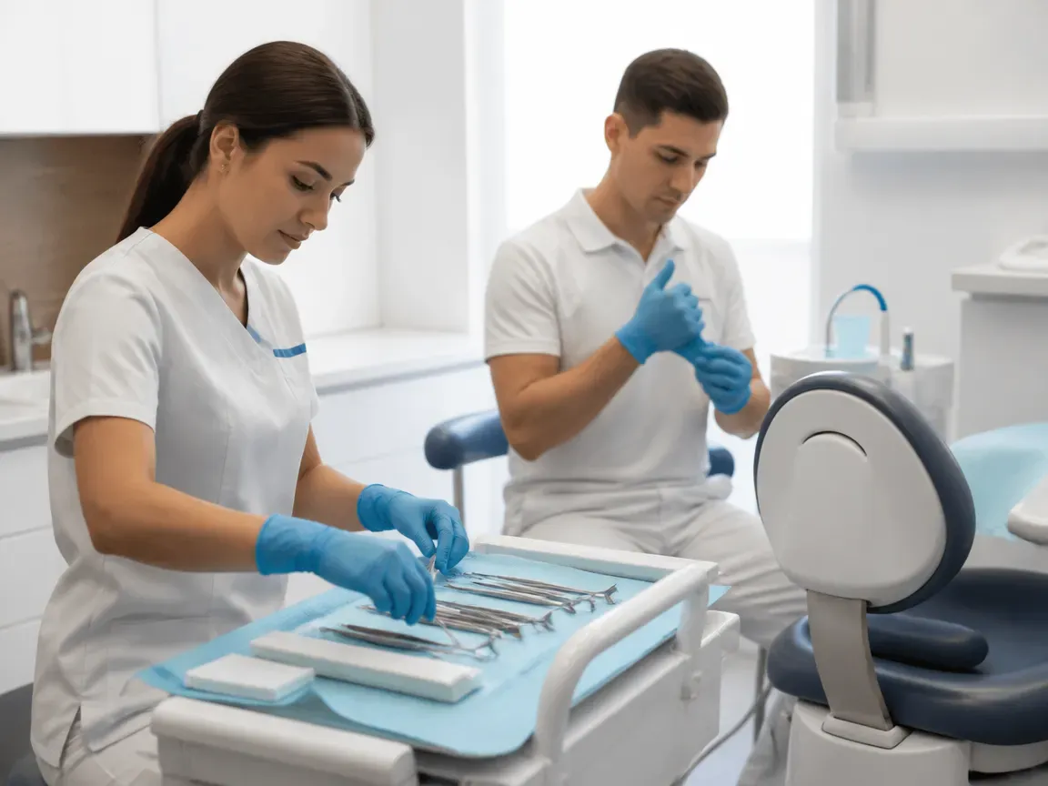 Preparation: the assistant lays out sterile instruments, the doctor puts on gloves — illustration for the "Diagnostics and impressions" section
