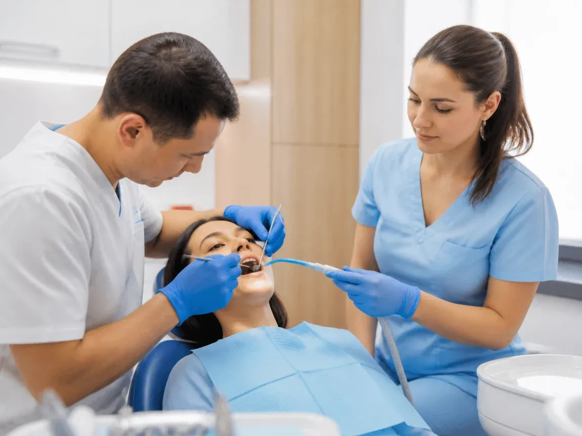 Follow-up visit: the dentist checks the result with a mirror while the assistant holds the saliva ejector — illustration for the "Follow-up visits" section