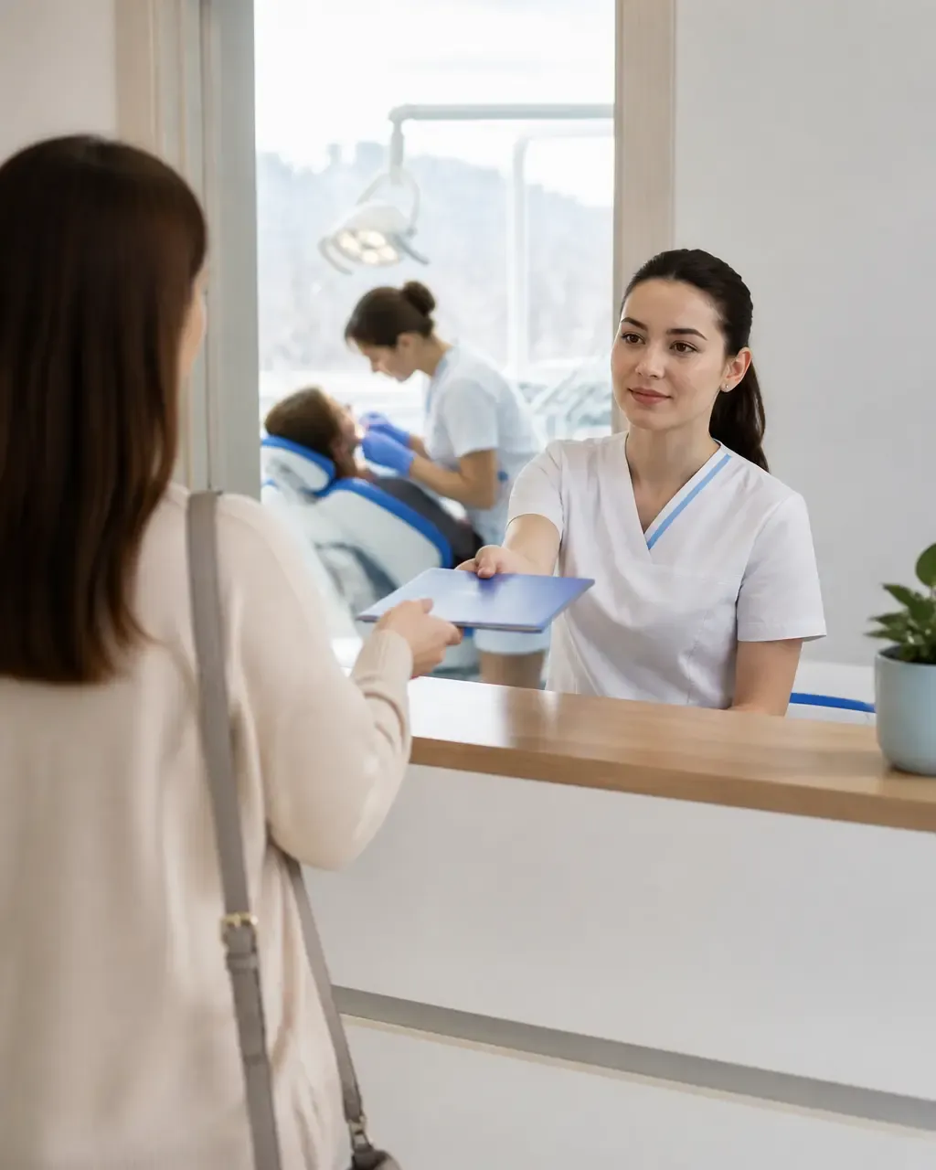 The clinic administrator gives the patient a treatment plan at the front desk