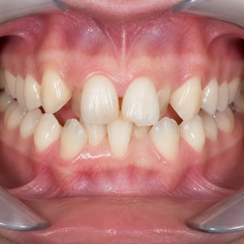 Ceramic braces — before-treatment condition in a clinical photograph