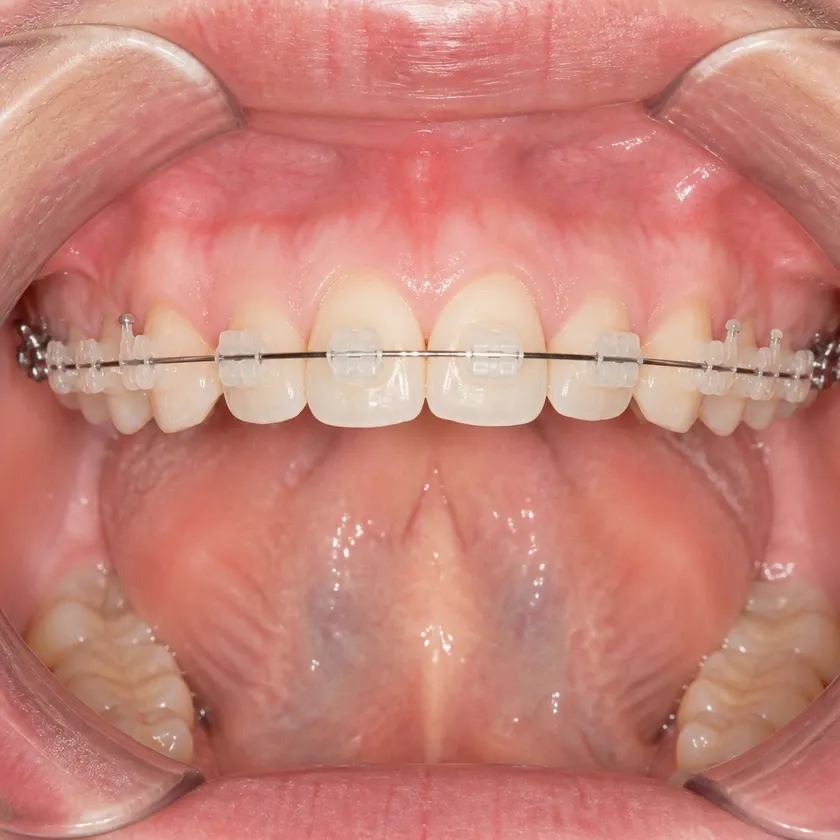 Ceramic Damon Clear braces — close-up clinical photo of the treatment result