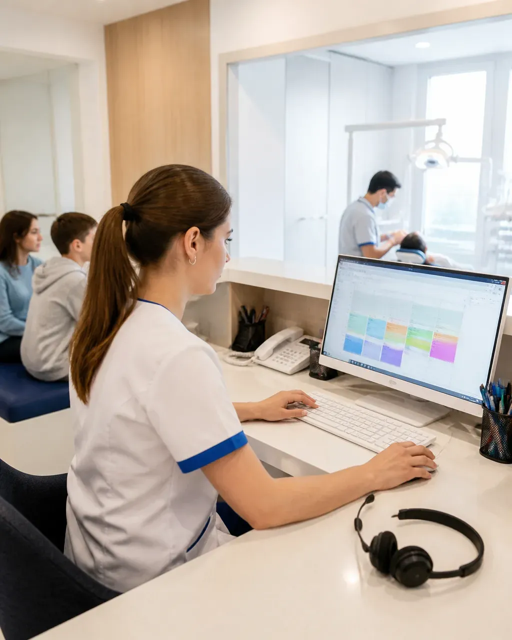 The clinic administrator answers patient messages at the front desk
