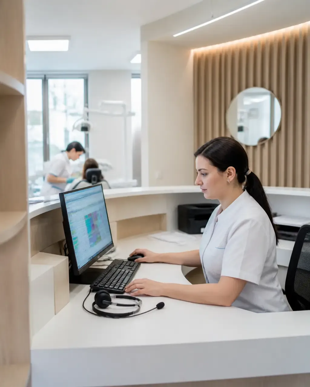 The clinic administrator answers patient messages at the front desk