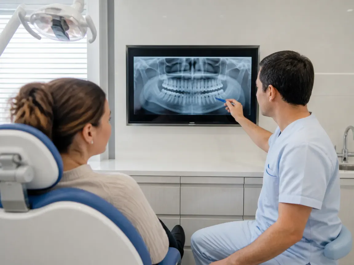 Consultation: dentist and patient at a screen with an X-ray — illustration for the section "Diagnostics and treatment plan"