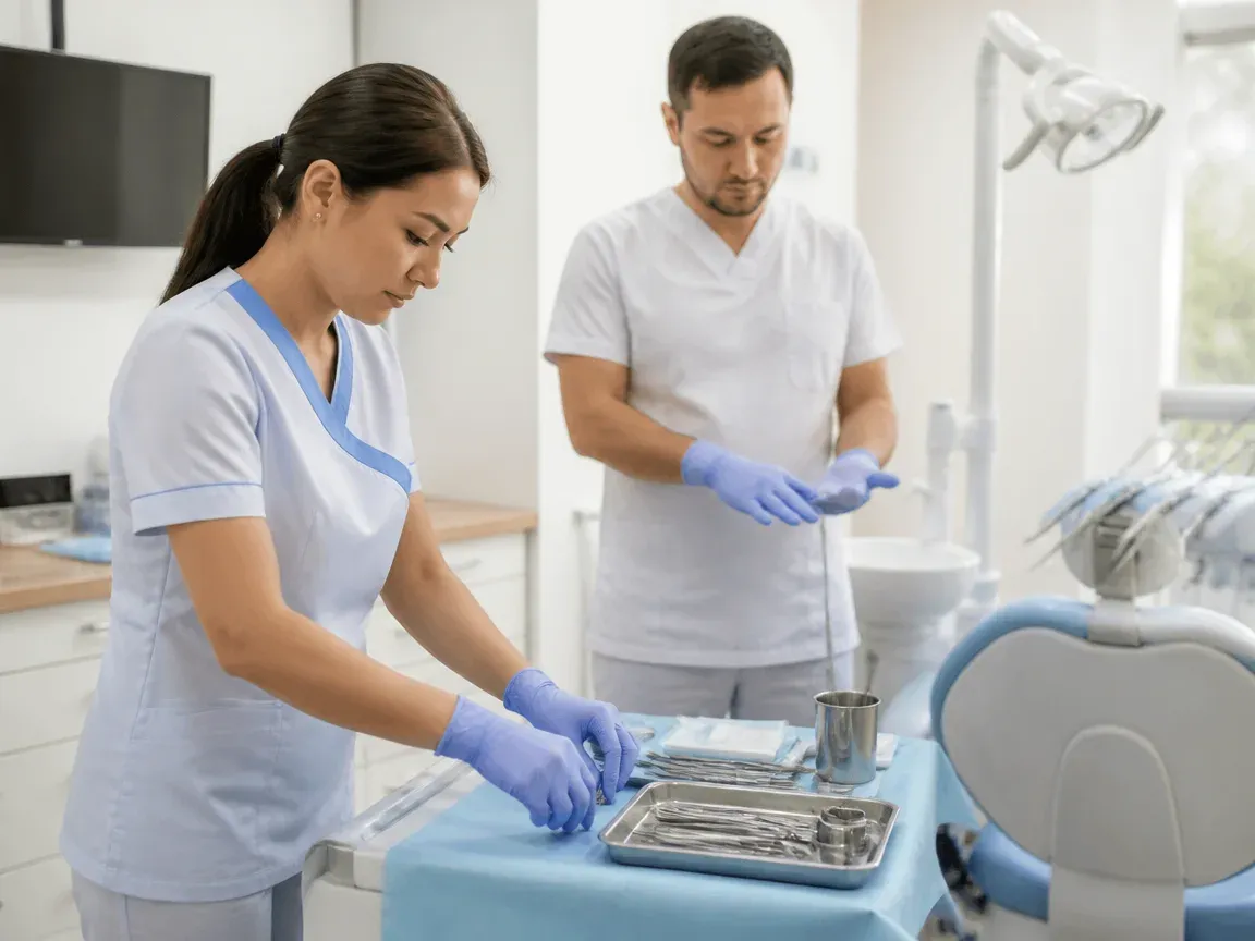 Preparation: the assistant lays out sterile instruments, the doctor puts on gloves — illustration for the section "Preparation and Surgical Stage"
