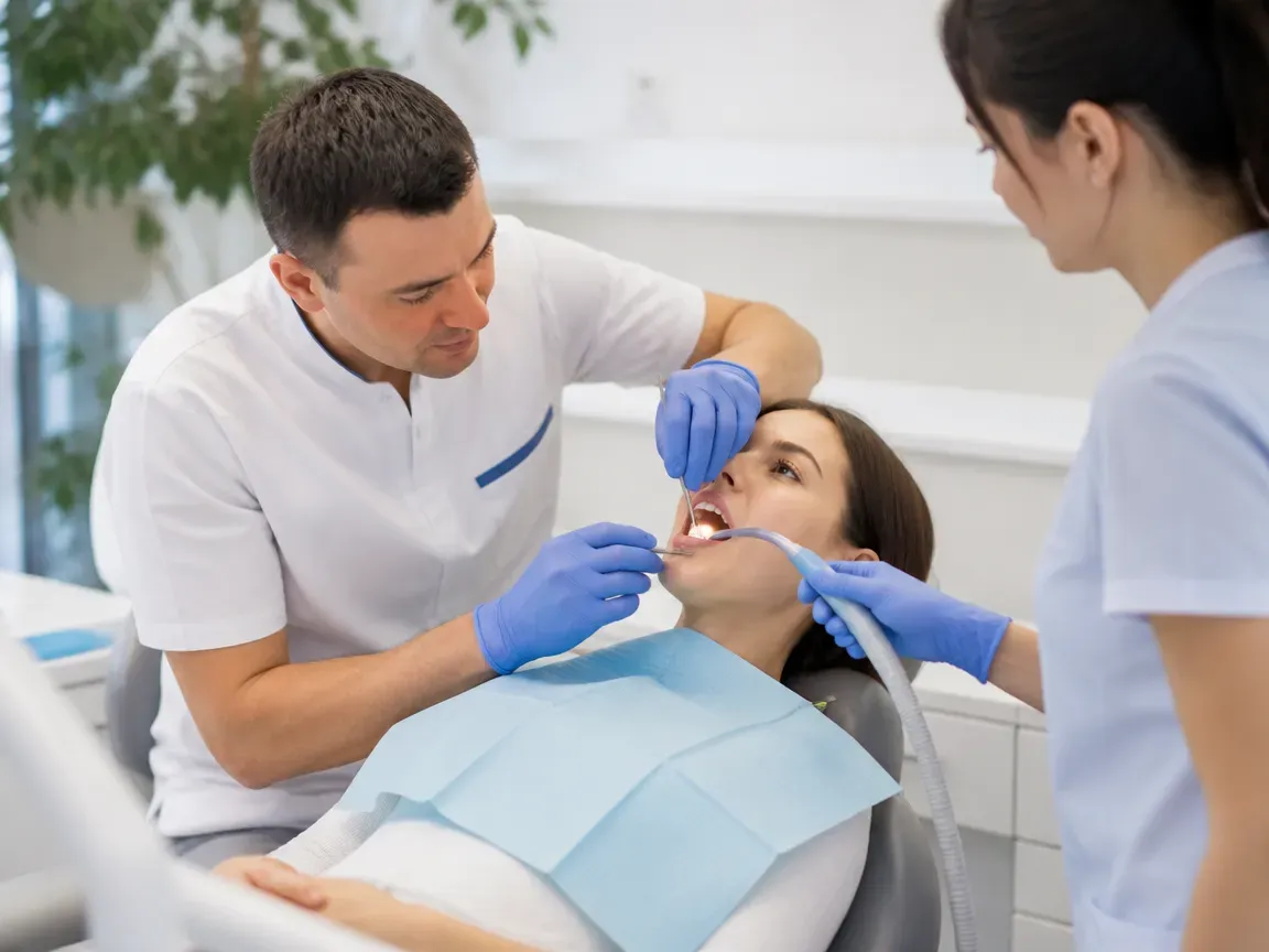 Follow-up visit: the doctor checks the result with a mirror, the assistant holds the saliva ejector — illustration for the section “Abutment and crown placement”