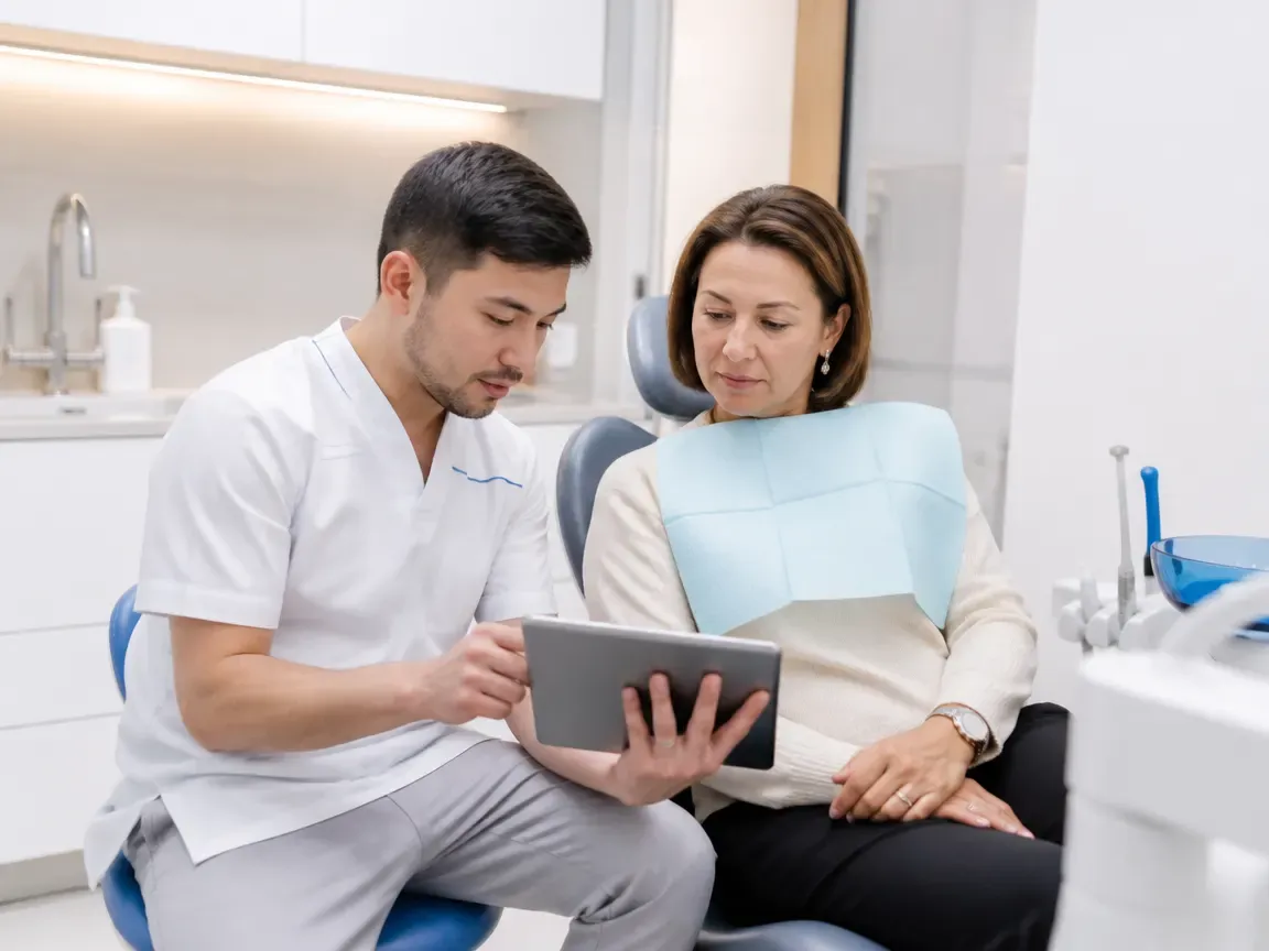 End of appointment: the doctor beside the patient goes over aftercare instructions — illustration for the "Follow-up examinations" section