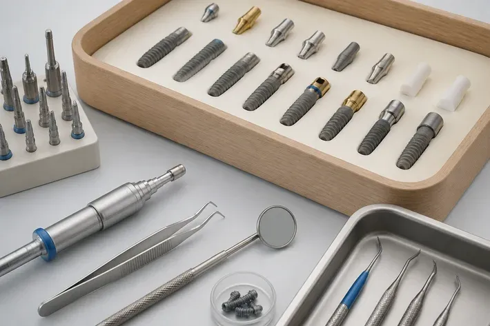 Tools and materials for this type of treatment, laid out on a light surface — an illustration for the section "How Korean implant systems differ"