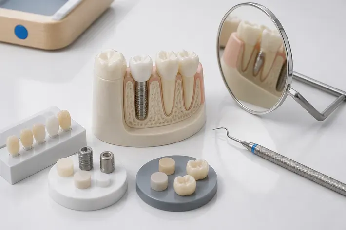 A jaw model and material samples on the dentist's table next to a mirror and probe — an illustration for the section "Which doctors place implants at the clinic"